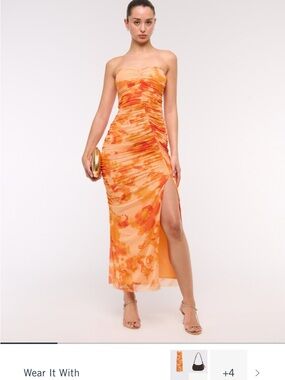 Abercrombie & Fitch Orange Watercolor Strapless Midi Dress